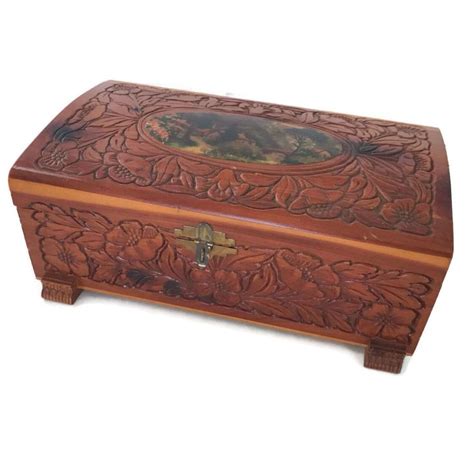 Vintage Wooden Jewelry Box Carved Wood With Decoupage Country Scene