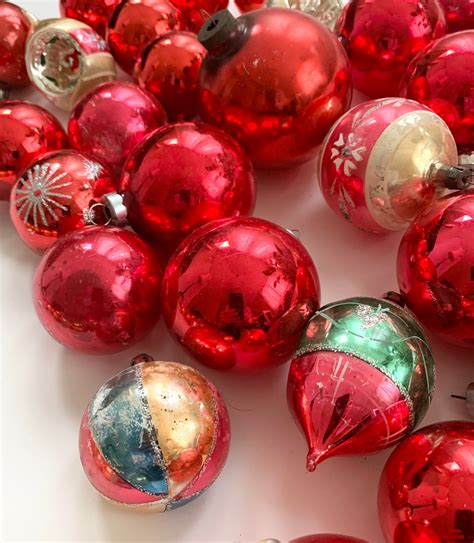 Vintage Red Glass Ornaments Mixed Lot Of 37 Red Silver Tone Christmas Tree Decor Shiny Brite Usa