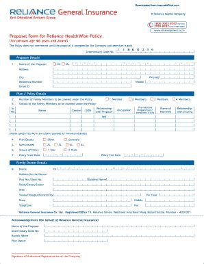 Fillable Online Reliance Helathwise Proposal Form Fax Email Print