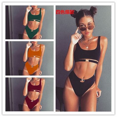 Bikini Swimsuit Maillot De Bain Femme Sexy Pure Metal Buckle Split