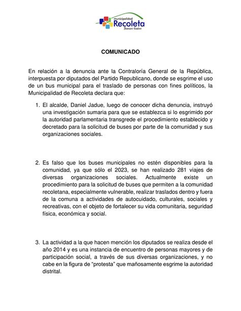 Comunicado Municipalidad De Recoleta Reprocha Aprovechamiento Pol Tico