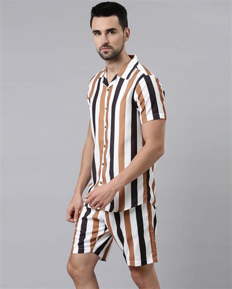 Buy Men White And Brown Striped Co Ord Set Online In India At Bewakoof