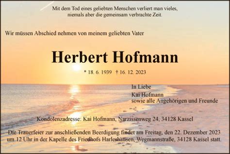 Traueranzeigen Von Herbert Hofmann Trauer HNA De