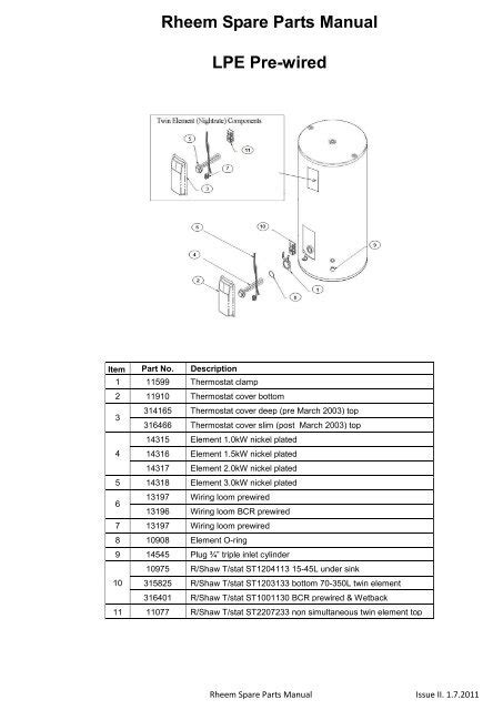 Rheem Spare Parts Manual Lpe Pre Wired