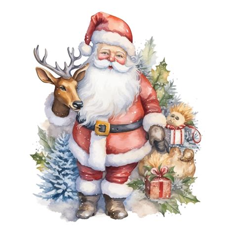 Aquarela Boneco De Neve Papai Noel Veados Gnomos De Natal Tren