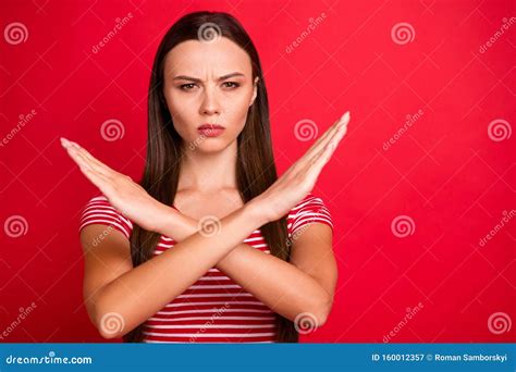 Close Up Photo Of Strict Serious Woman Showing You Crossed Arms Meaning