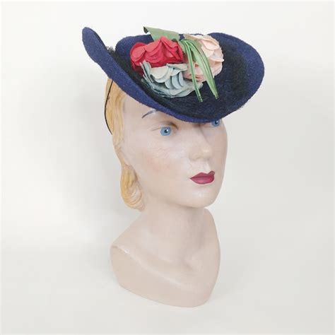 S Blue Suitor Tilt Hat Vintage S Floral Dark Gem