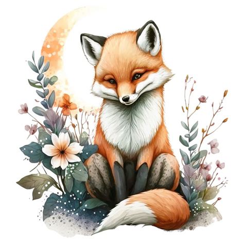 A Painting Of A Fox Sitting On The Ground With Flowers And Leaves