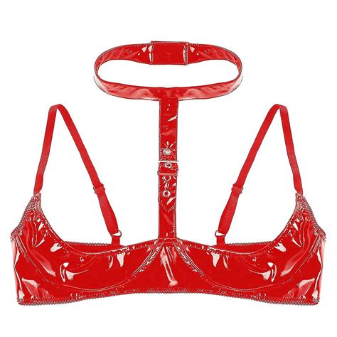 Dames Wet Look Lakleren BH Lingerie Halter Nek Open Borst Lingerie Bralette Ondergoed Open Cups