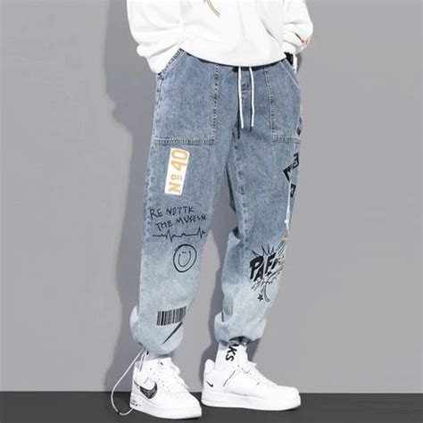 Cargo Jeans Elastic Band Graffiti Print Jogging Pants Men Mens