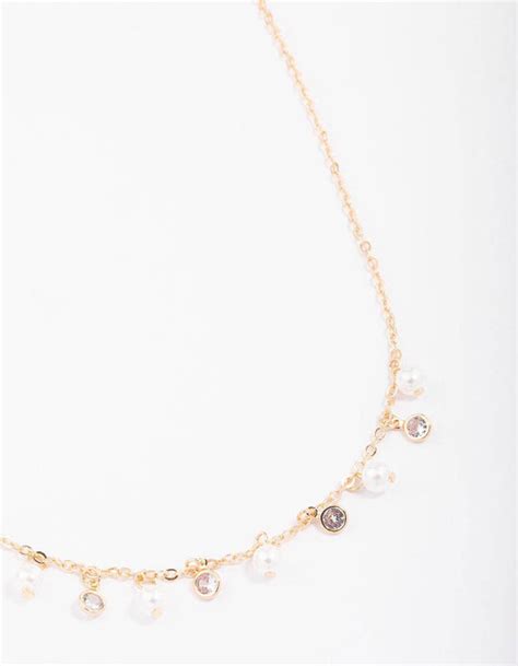 Gold Pearl And Diamante Droplet Chain Necklace Lovisa