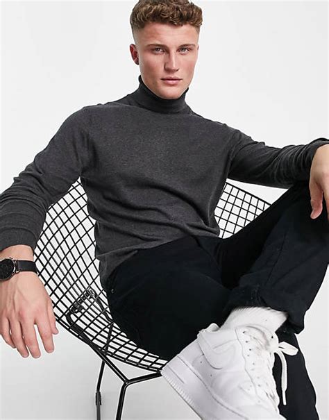 Asos Design Knitted Cotton Roll Neck Sweater In Charcoal Heather Asos