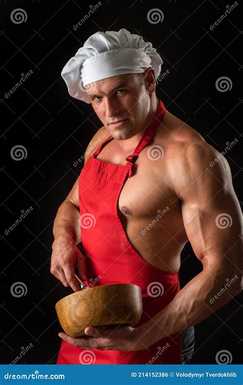 Cooking Man In Apron Muscular Chef With Bowl Sports Diet Stock Photo