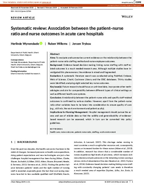 Pdf Systematic Review Association Between The Patient Nurse Ratio And Nurse Outcomes In Acute