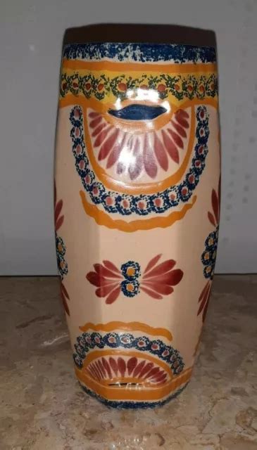 VASE OCTOGONAL EN faïence ancienne Henriot Quimper avec décor de fleurs