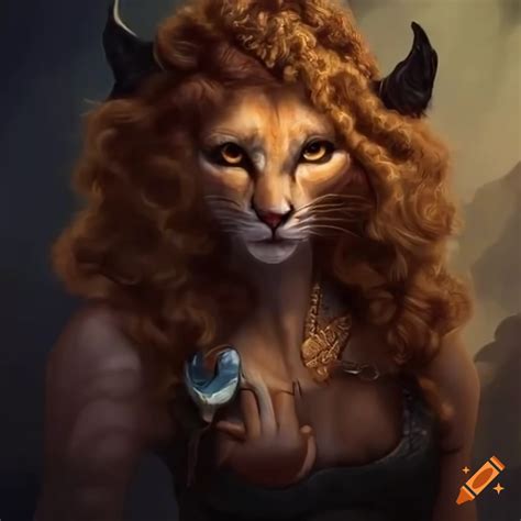 Fantasy Art Of A Female Mountain Lion Tabaxi With Long Curly Hair On