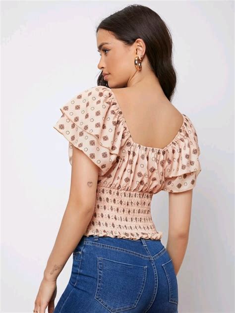 Shein Allover Print Butterfly Sleeve Shirred Top Her Shop Eg