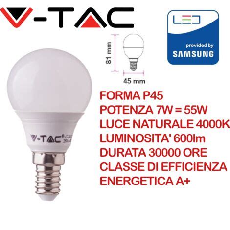 V TAC PRO VT 270 Lampadina LED Chip Samsung E14 7W P45 Bianco Naturale