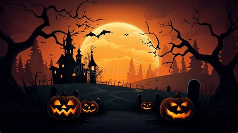 Mystical Halloween Night Sky With Moon Bats Lantern And Pumpkins