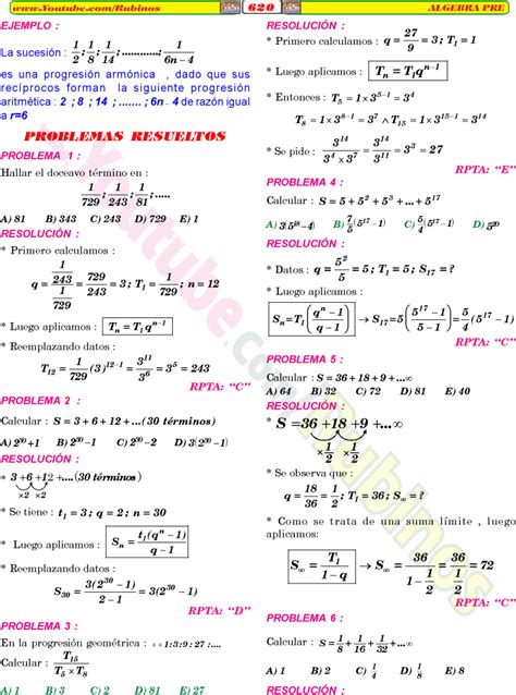 Progresiones Geom Tricas Problemas Resueltos Lgebra Pre Rubi Os Pdf