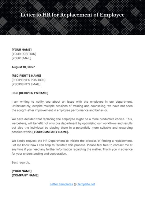 Free Letter To HR For Replacement Of Employee Template To Edit Online