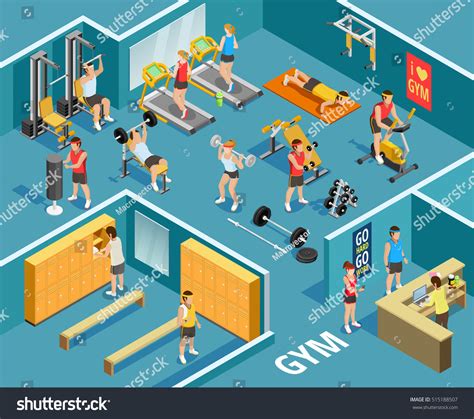 Gym Isometric Template People Equipment Various Stock Vector Royalty