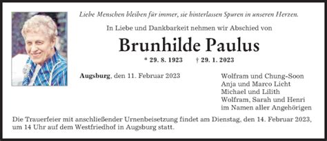 Traueranzeigen Von Brunhilde Paulus Augsburger Allgemeine Zeitung