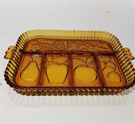 Vintage Indiana Glass Amber Divided Serving Tray Etsy Indiana Glass Fruit Design Glass Company