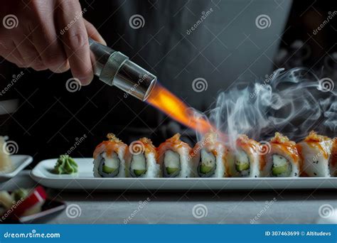 Chefs Hand Holding A Kitchen Torch Above A Sushi Roll Adding A Smoky