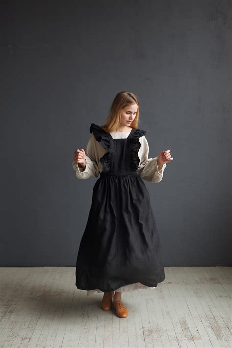 Black Long Vintage Apron Linen Pinafore With Wings Linen Etsy