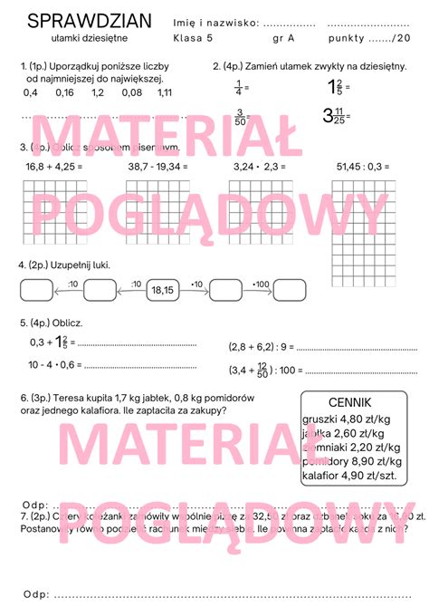 Sprawdzian Ułamki Dziesiętne Klasa 5 • Złoty Nauczyciel