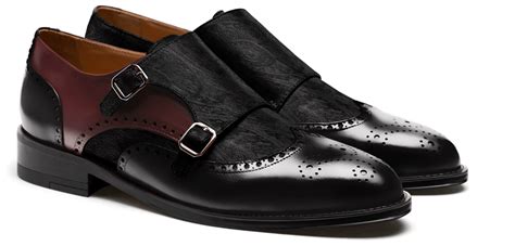 Double Monk Brogue Shoes Black Oxblood Flora Leather Velvet