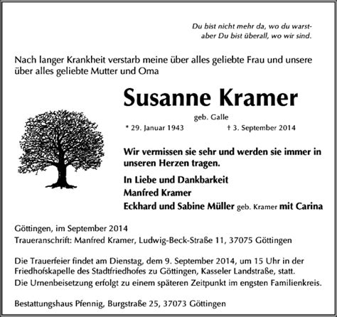 Traueranzeigen Von Susanne Kramer Trauer Anzeigen De