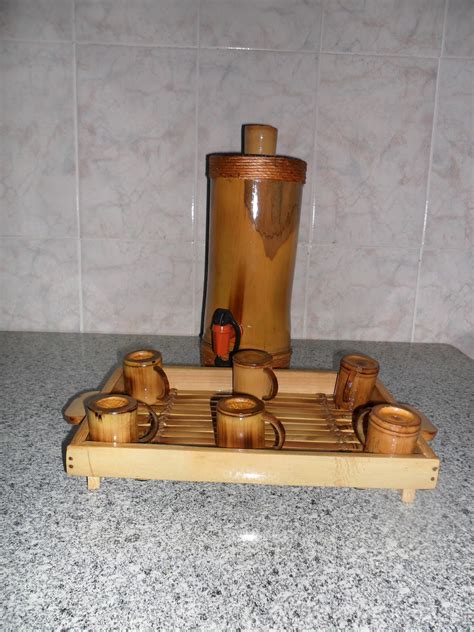 Arte Bambu Kit cachaça Barril Bandeja e Canecas de Bambu