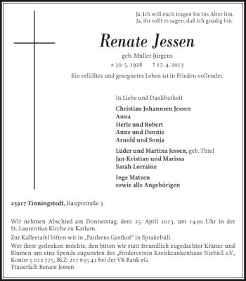 Traueranzeigen Von Renate Jessen Sh Z Trauer