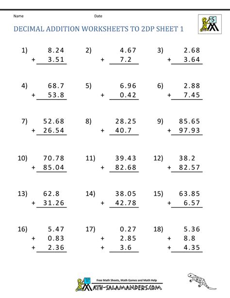 Decimal Addition Worksheets Decimals Worksheet