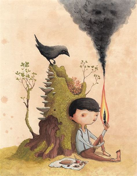 A Boy Sitting On The Ground Next To A Tree With A Burning Match In His Hand