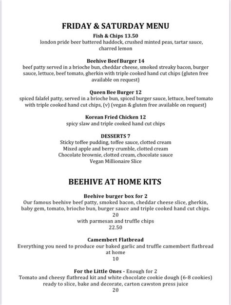 Menu At The Beehive Egham Pub And Bar Egham