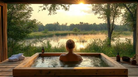 Serene Outdoor Hot Tub Stunning Nature View Overlooking Tranquil Lake Stock Photos Free