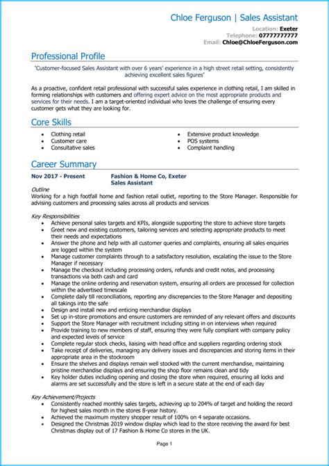 Retail Sales Assistant Cv Example 2024 Cv Template