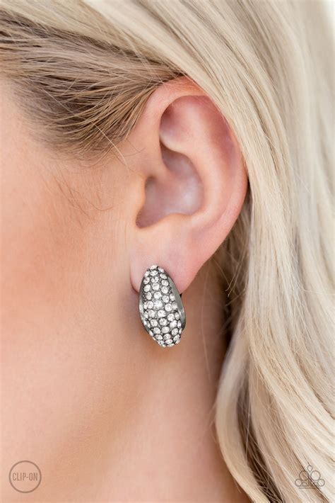 Paparazzi Revenue Avenue Black Gunmetal White Rhinestone Clip On Ear