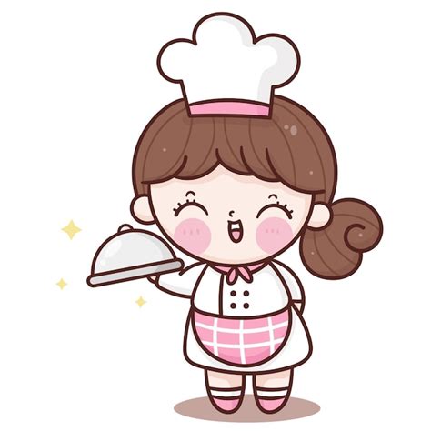 Premium Vector Cute Girl Chef Cartoon Serving Food Kawaii Bakery Shop