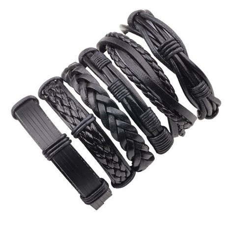 Vintage Black Leather Multilayered Braid Bracelet Set For Unisex