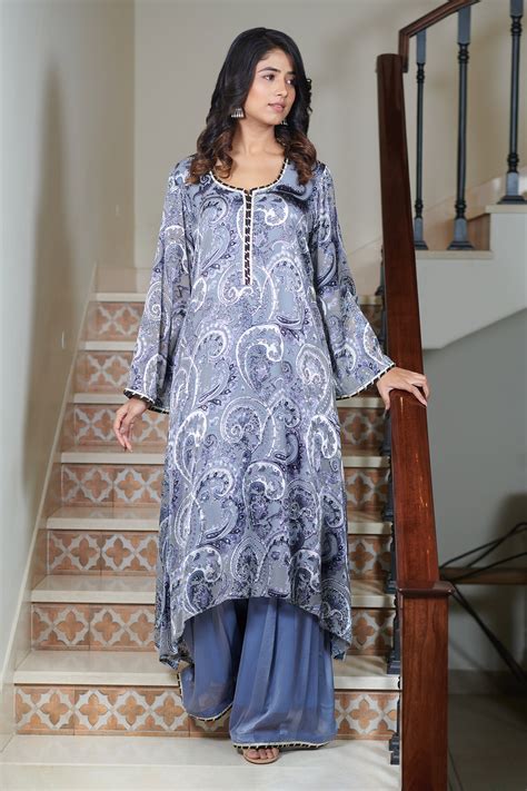 Buy Grey Imported Georgette Printed Floral Pattern Kurta And Palazzo