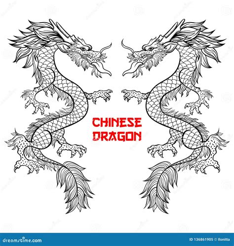 Two Chinese Dragons Hand Drawn Contour Illustration Stock Vector