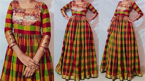 Convert Old Saree Into Long Gown Easily Long Frock Dress Gown Cutting And Stitching Reuse Old