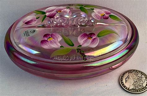 Lot Vintage Fenton Pink Opalescent Hand Painted Floral Trinket Box W Lid