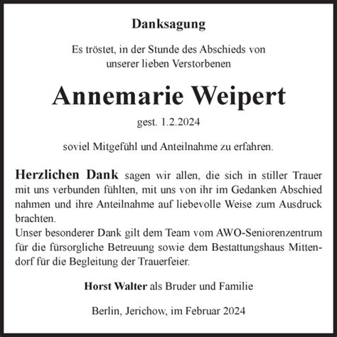 Traueranzeigen Von Annemarie Weipert Abschied Nehmen De