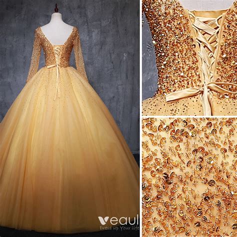 Chic Beautiful Gold Prom Dresses 2019 Ball Gown Scoop Neck Beading