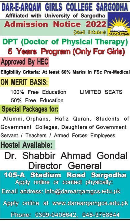 Doctor Of Physical Therapy Dpt Program Admissions At Dar E Arqam Girls